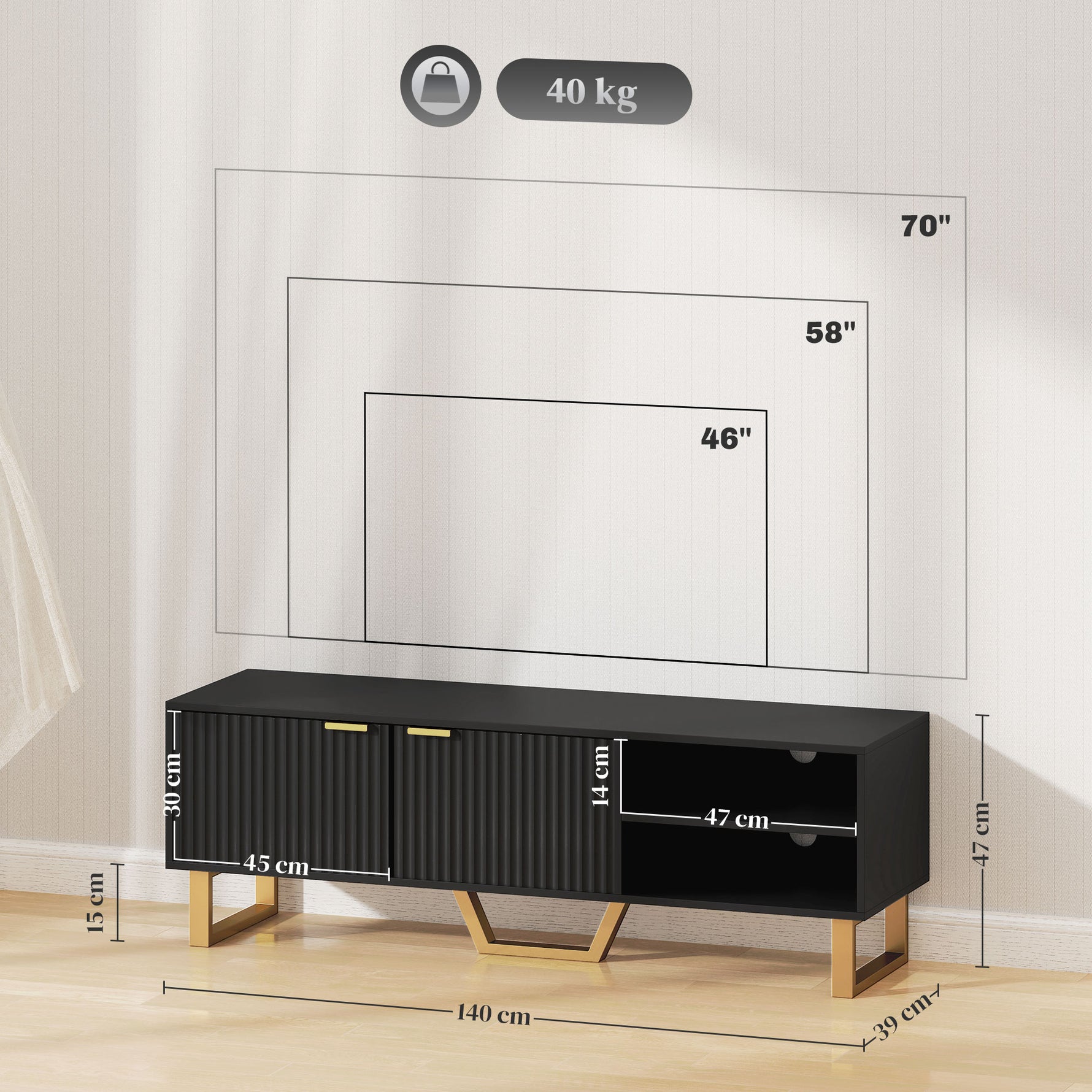 Meuble TV banc TV pour téléviseur jusqu'à 70 pouces - placard à 2 portes cannelées, compartiment ouvert et passe-câbles
