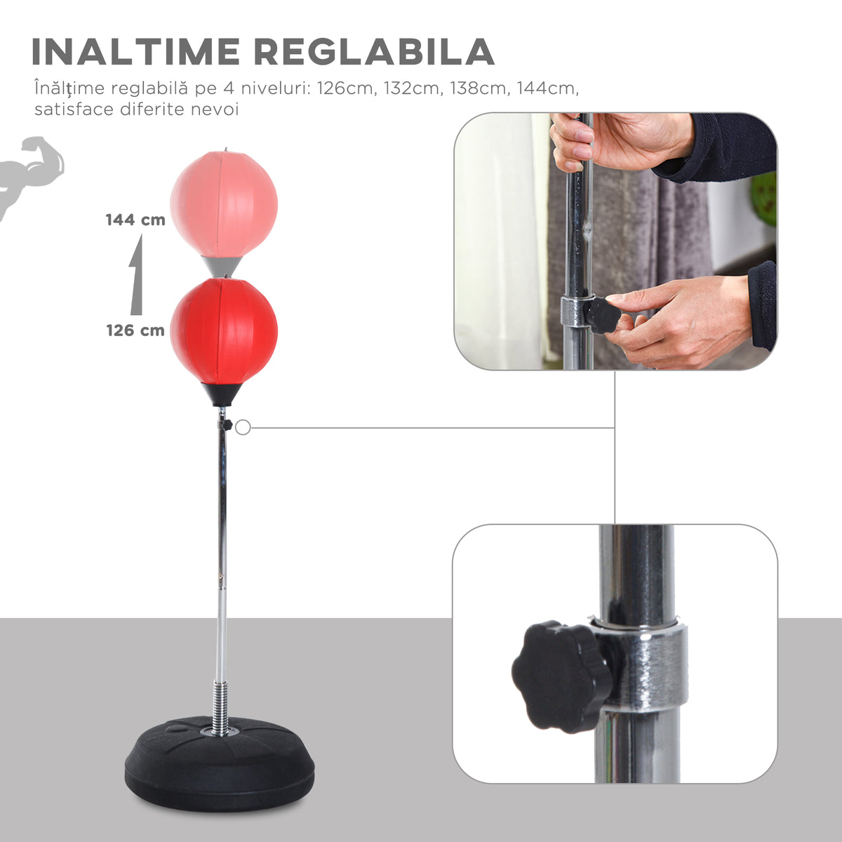 Sac de Frappe sur Pied Punching ball sur pied réglable en hauteur 126-144 cm avec gants, pompe et base de lestage pour adolescents et débutants noir