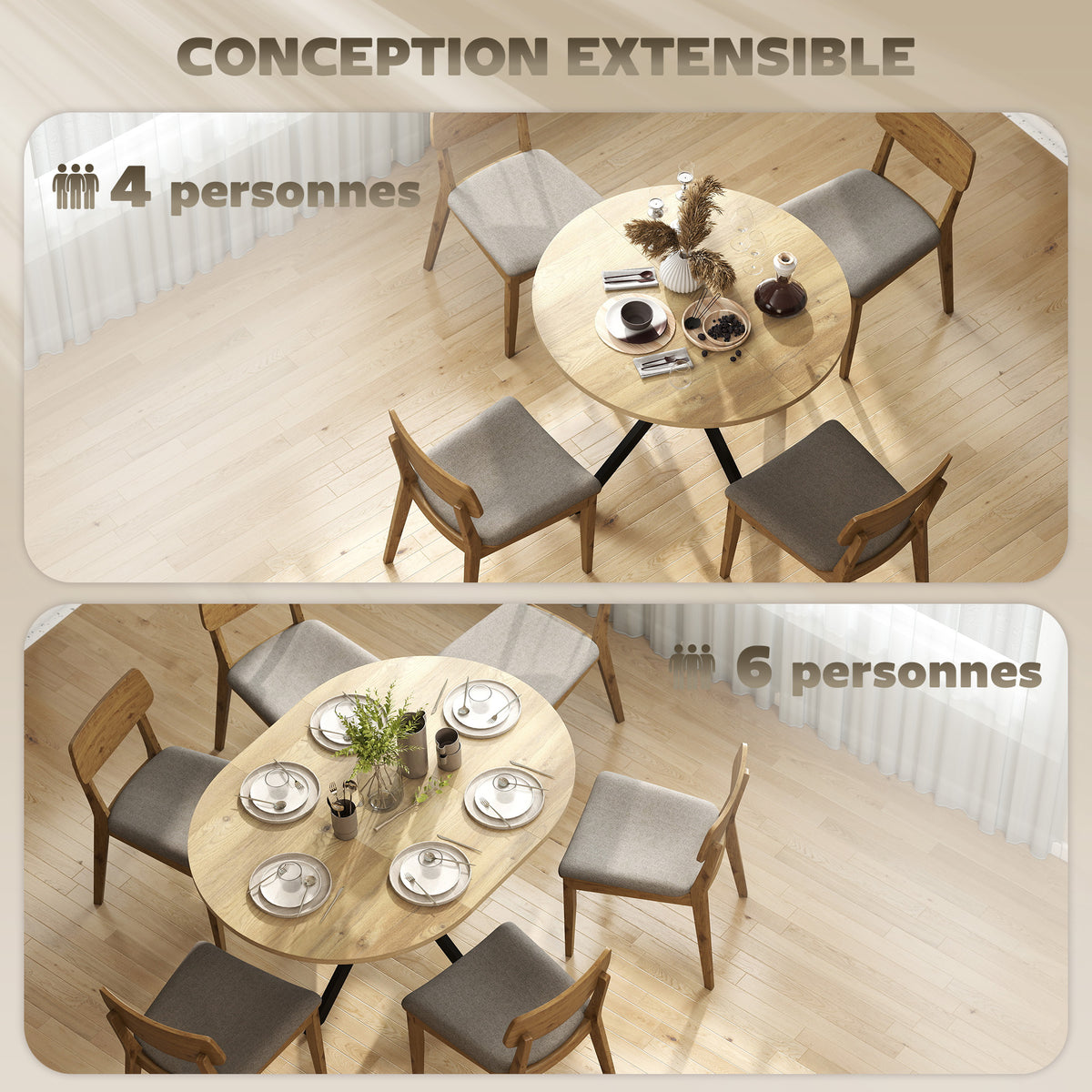 Tavolo da pranzo ovale allungabile per 4-6 persone, tavolo da cucina con allunga 100-135 cm, effetto legno naturale