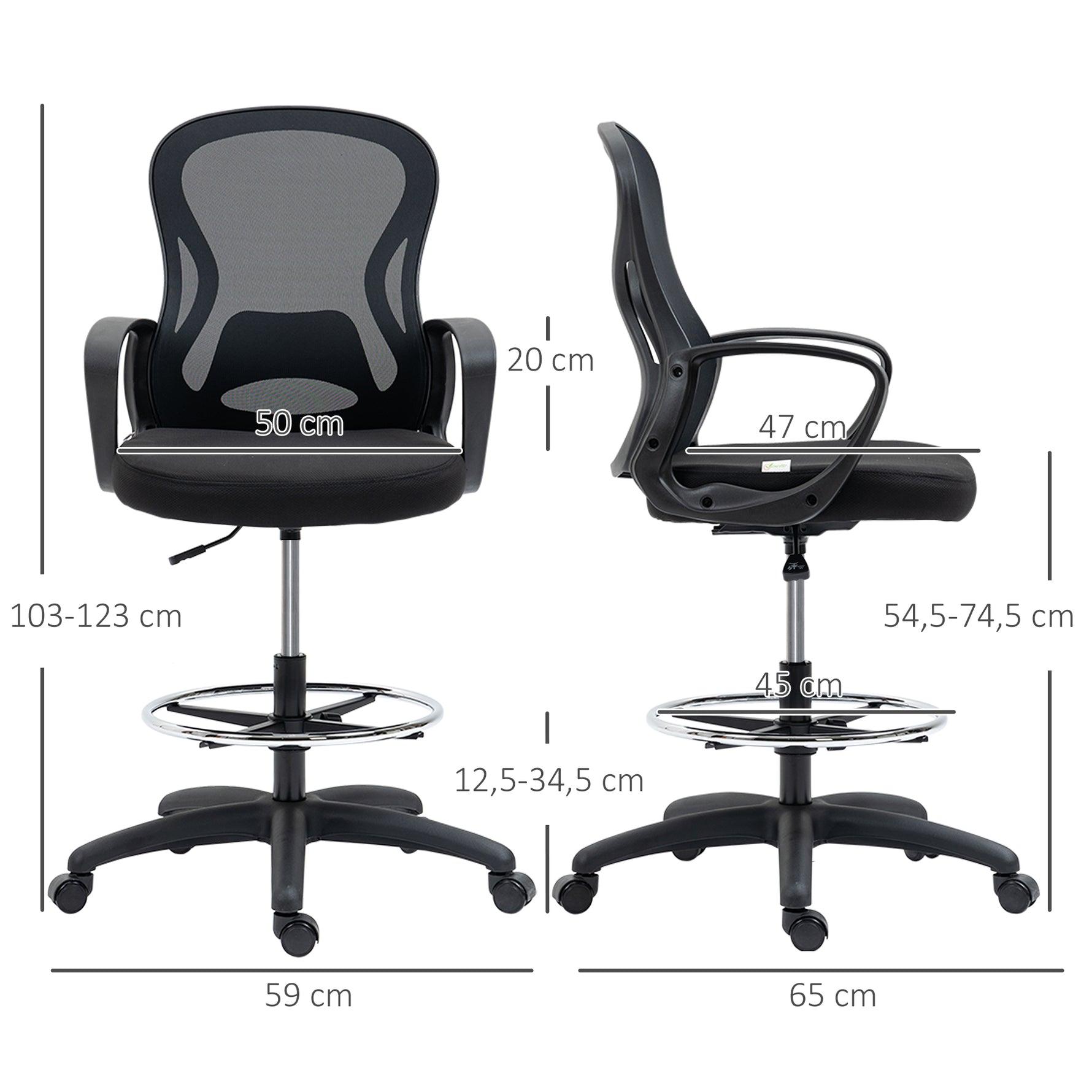 Lot de 2 fauteuils de bureau chaise de bureau assise haute réglable pivotant 360° maille respirante noir
