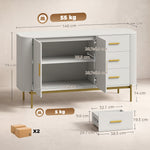 Buffet Salon, Meuble de Rangement avec 2 Portes, 3 Tiroirs, Étagère Réglable et Façade Rainurée, 140x44x79cm, Gris Clair
