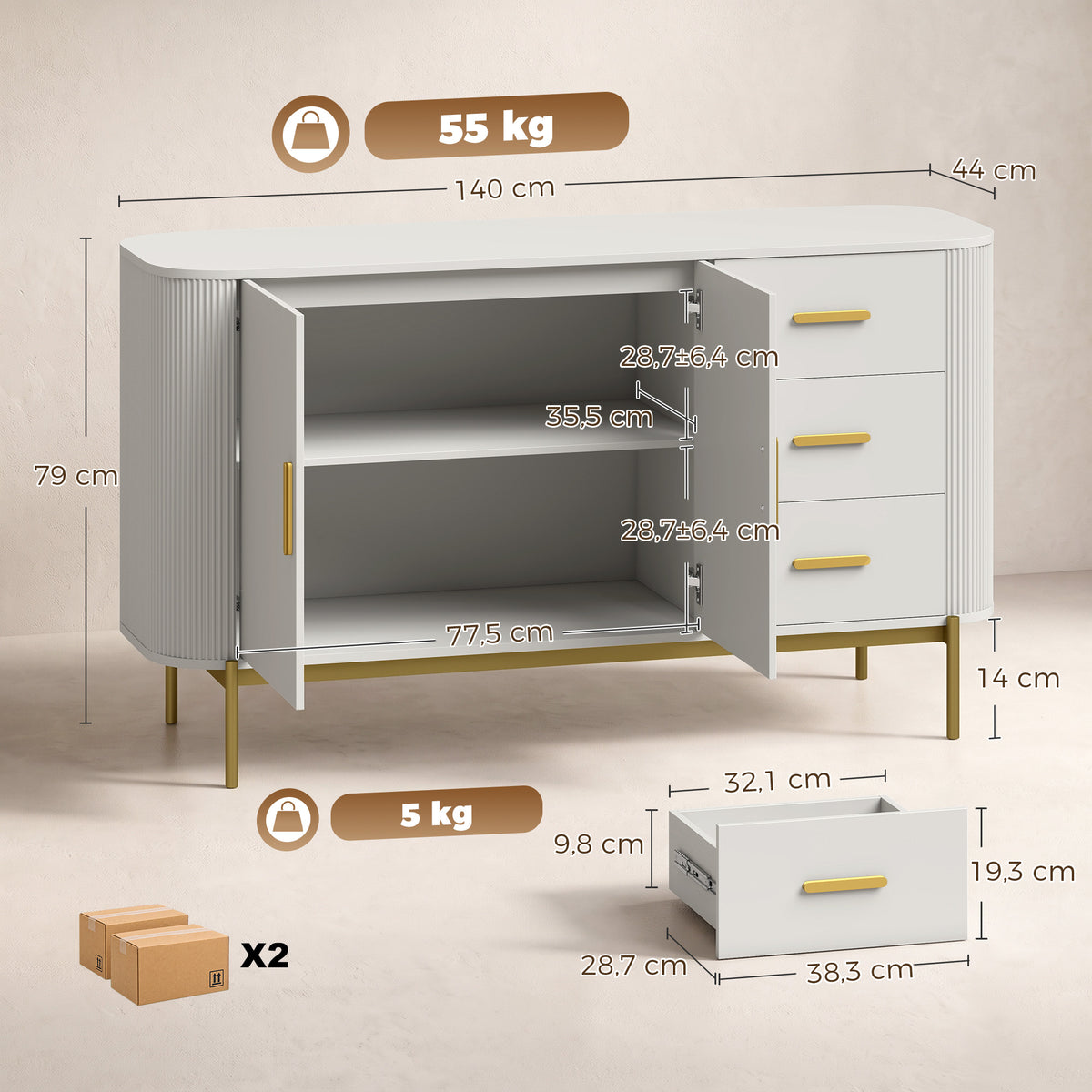 Buffet Salon, Meuble de Rangement avec 2 Portes, 3 Tiroirs, Étagère Réglable et Façade Rainurée, 140x44x79cm, Gris Clair