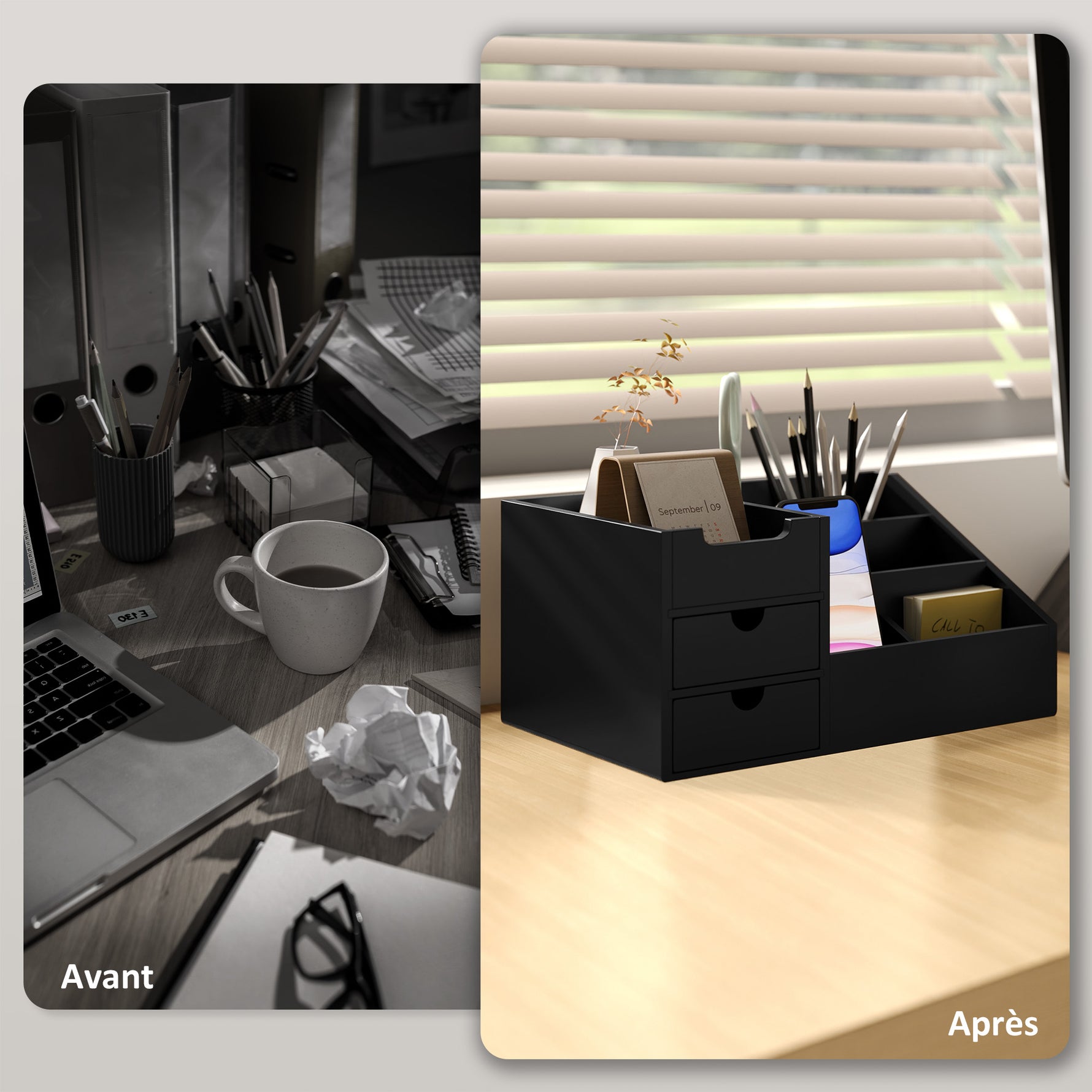 Boite de Rangement de Bureau - Organiseur de Bureau - 7 Compartiments, 2 tiroirs - Bambou Verni Noir