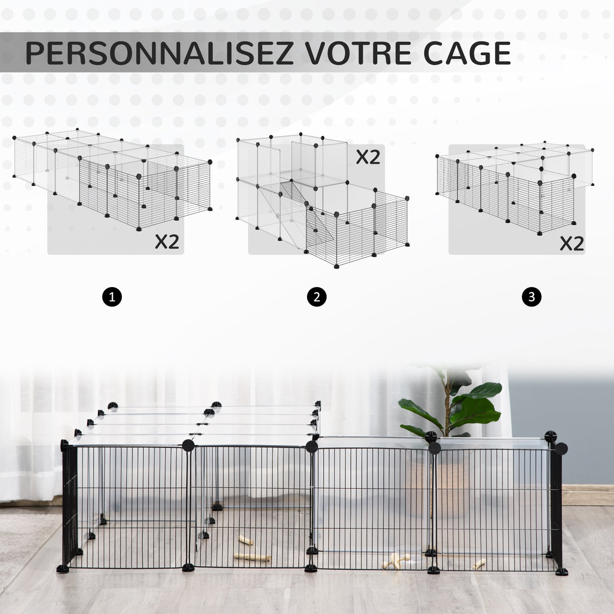 Lot de 2 enclos pour petits animaux design DIY cage modulable pour cochon d'Inde lapin chinchillas