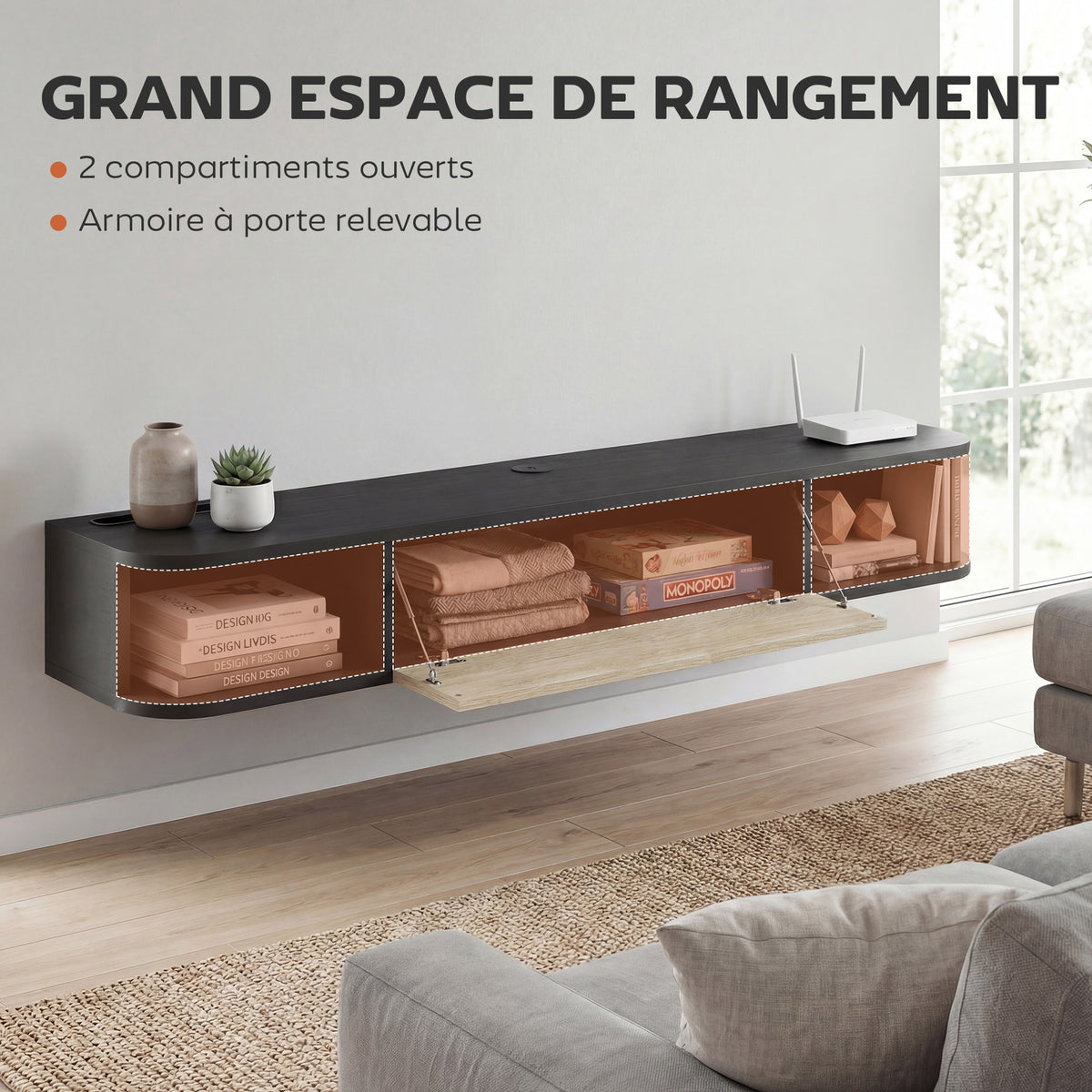 Meuble TV Suspendu 120 cm, Meuble télé jusqu'à 50 Pouces, Porte Rabattable, 2 Étagères Ouvertes et Passe-câbles, Noir