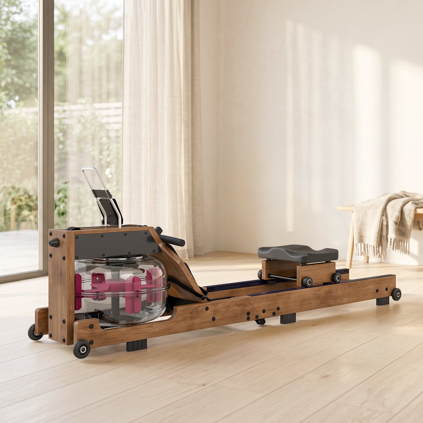 Rameur à Eau Rameur Appartement Pliable Double Rail Aluminium Capacité 158kg Connexion Bluetooth 182x42x67cm Chêne-1