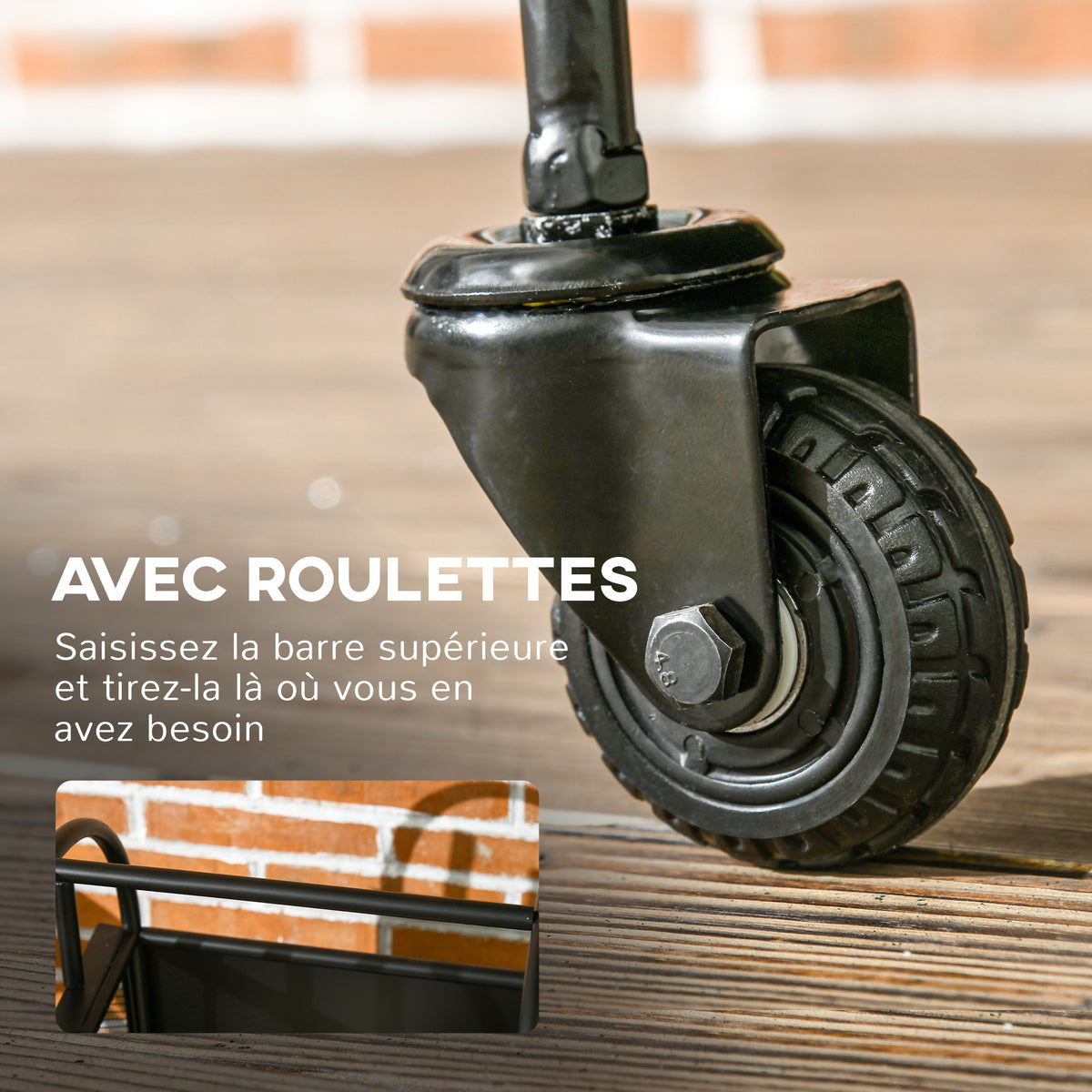 Range-bûches porte bûches sur roulettes avec accessoires pelle balai et tisonnier 37,5 x 37,5 x 80 cm noir