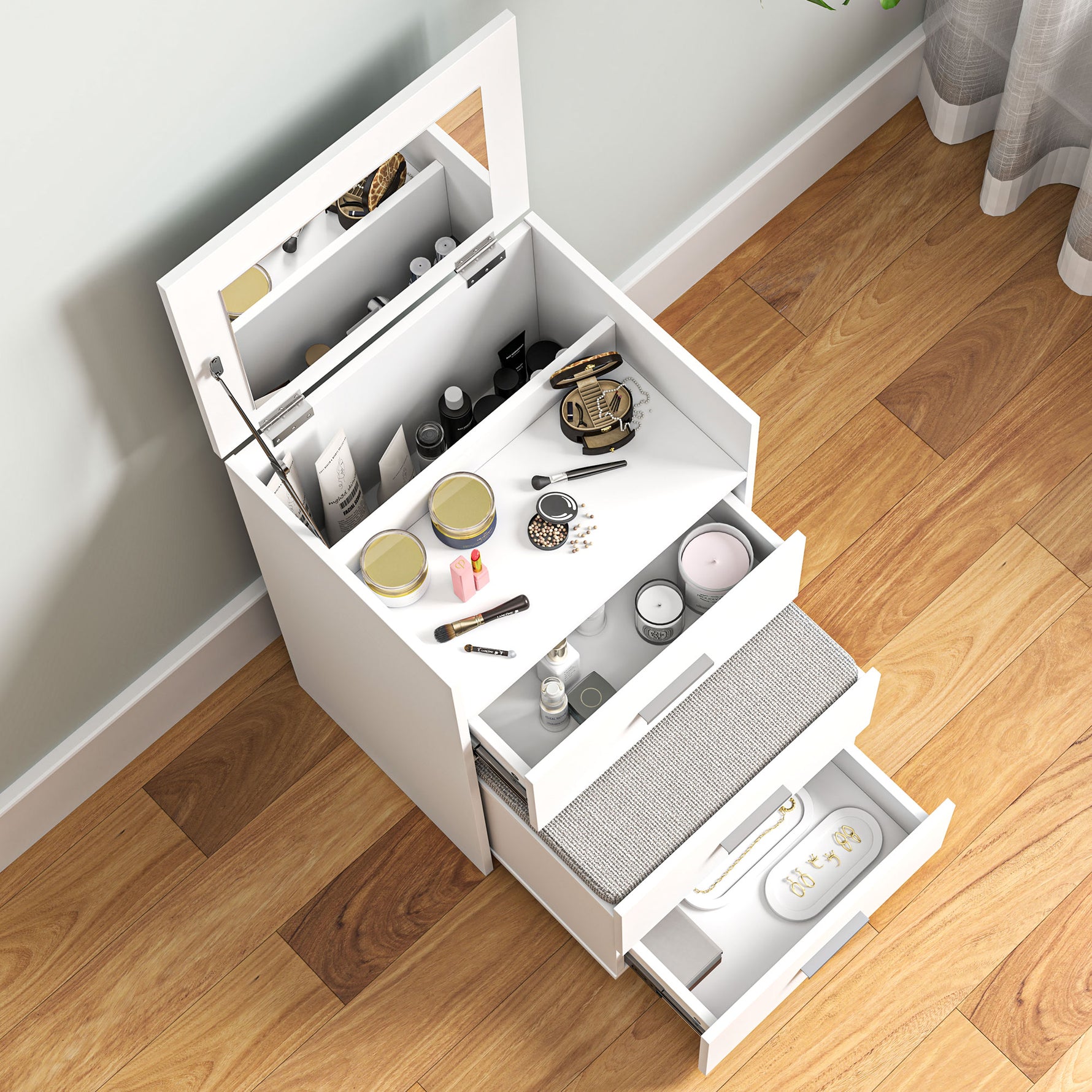 Coiffeuse avec miroir relevable et tabouret à roulettes, table de maquillage avec 2 tiroirs, coussin amovible, blanc