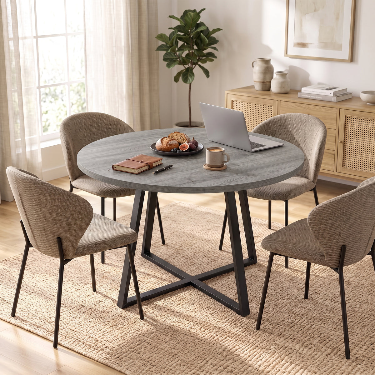 Round Dining Table for 4 People Ø 100 cm, Square Carbon Steel Frame, Industrial Style, Grey Wood Effect