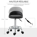 Lot de 2 tabouret à roulette pivotant 360°, assise réglable 47-62H cm, acier chromé revêtement synthétique noir