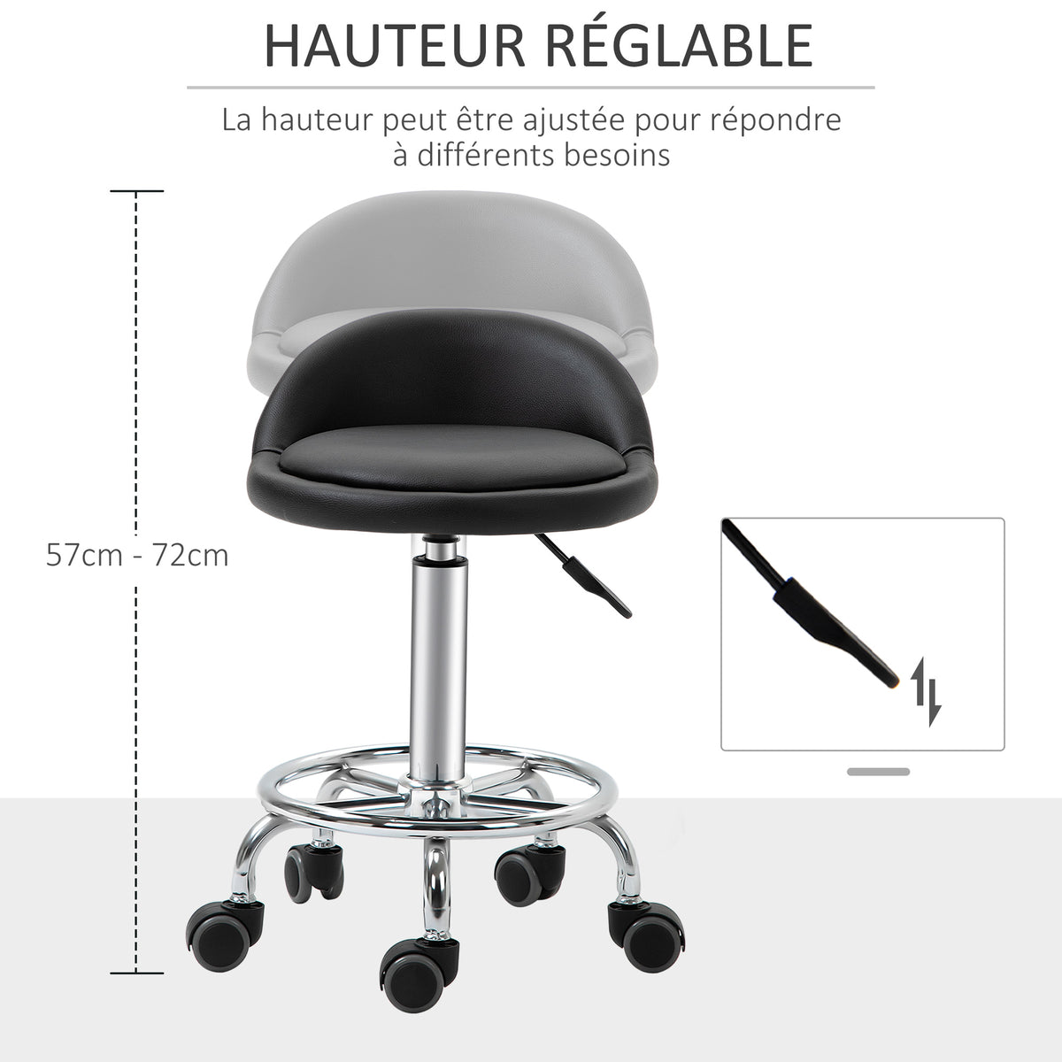Lot de 2 tabouret à roulette pivotant 360°, assise réglable 47-62H cm, acier chromé revêtement synthétique noir
