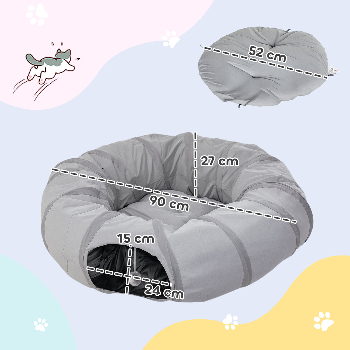 Tunnel pour chat intérieur rond tunnel avec lit et coussin, pliable, avec trous pour balles et judas, Ø 90 x 27 cm gris