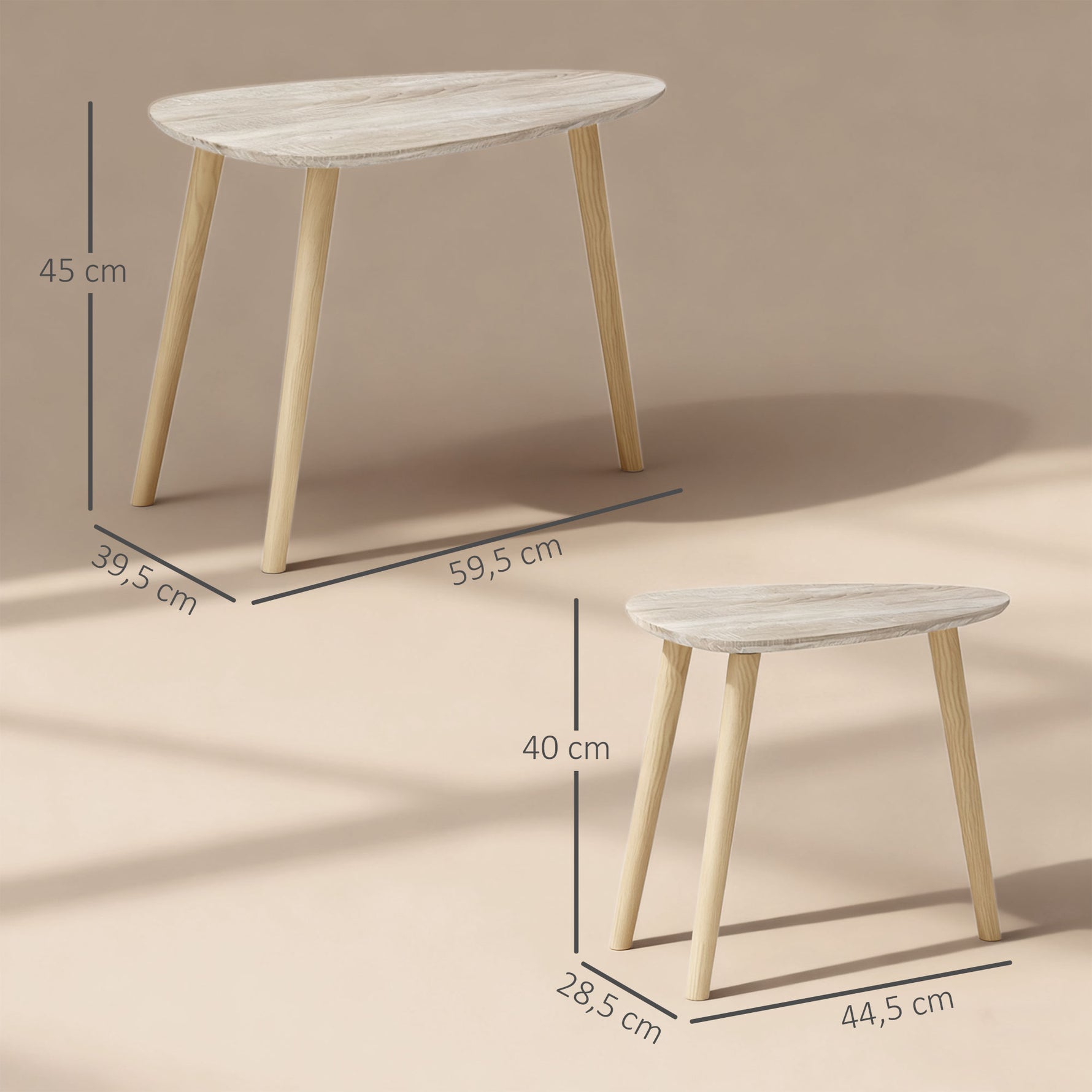 Lot de 2 tables basses gigognes design scandinave pieds en bois et plateau en bois, aspect naturel
