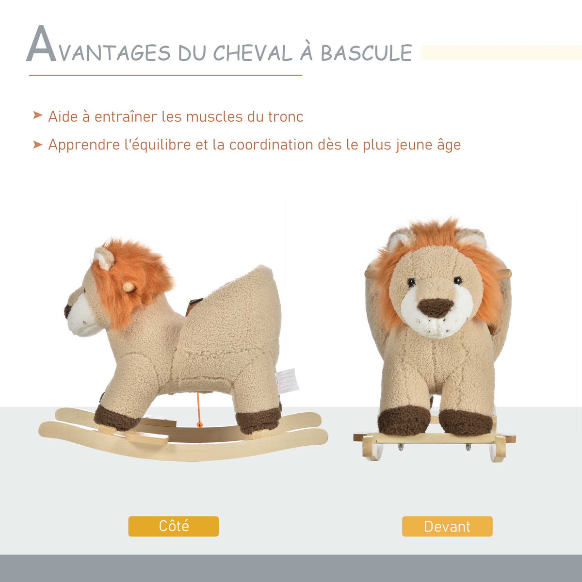 Cheval à Bascule modèle Lion Fonction Musicale Selle Grand Confort Peluche Courte Douce Pour Enfants 18-36 Mois Bois peuplier Marron dim. 68L x 35l x 50H cm