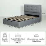 Letto contenitore 140x190, giroletto matrimoniale imbottito con rete a doghe in legno e vano portaoggetti nascosto, senza materasso, grigio