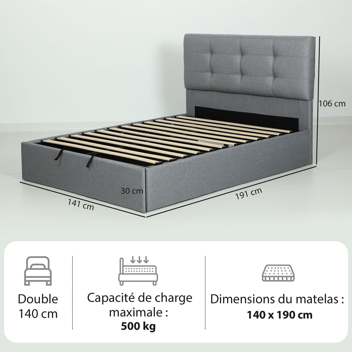Letto contenitore 140x190, giroletto matrimoniale imbottito con rete a doghe in legno e vano portaoggetti nascosto, senza materasso, grigio