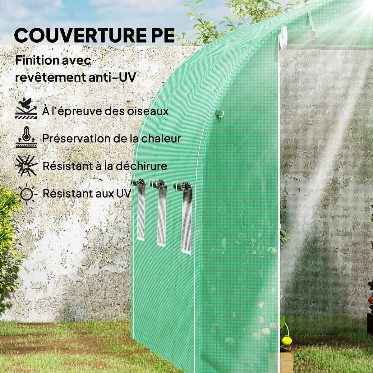 Serra a tunnel da giardino 6 m² 3 x 2 m con 1 porta + 2 pareti laterali avvolgibili con cerniera, 6 finestre, verde