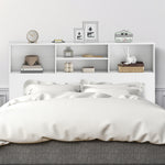 Tête de lit sur pied avec rangements, accessoire de lit 4 compartiments ouverts, 140 x 19 x 103,5 cm, blanc