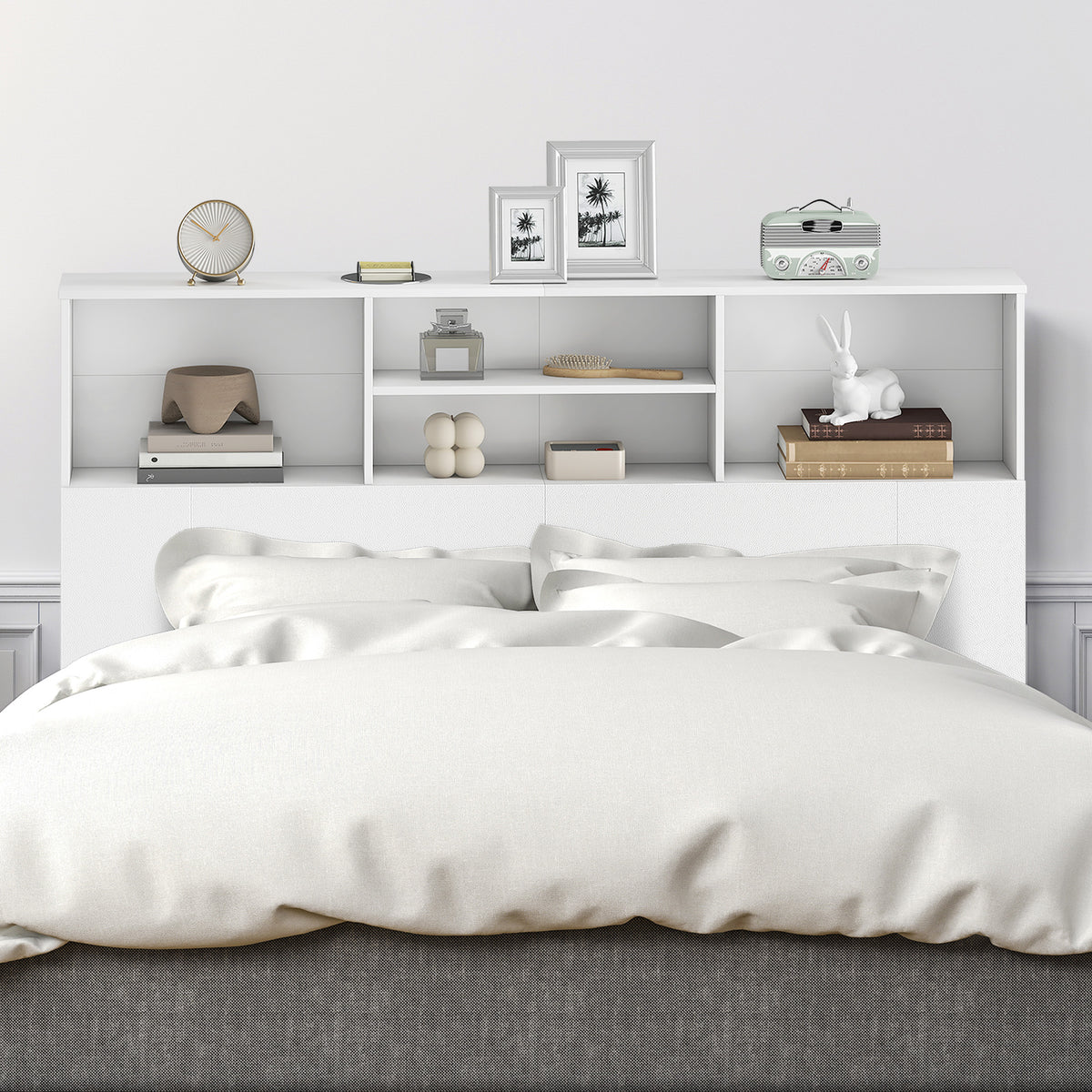 Tête de lit sur pied avec rangements, accessoire de lit 4 compartiments ouverts, 140 x 19 x 103,5 cm, blanc