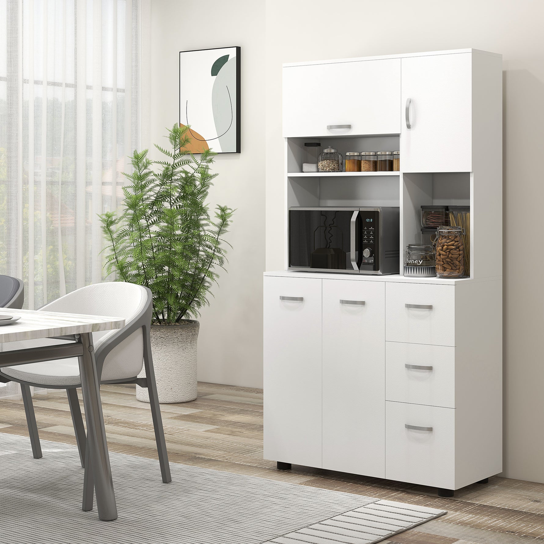 Armoire de cuisine multi-rangements 4 portes 3 tiroirs étagère + grand plateau 89L x 39,5l x 168H cm blanc