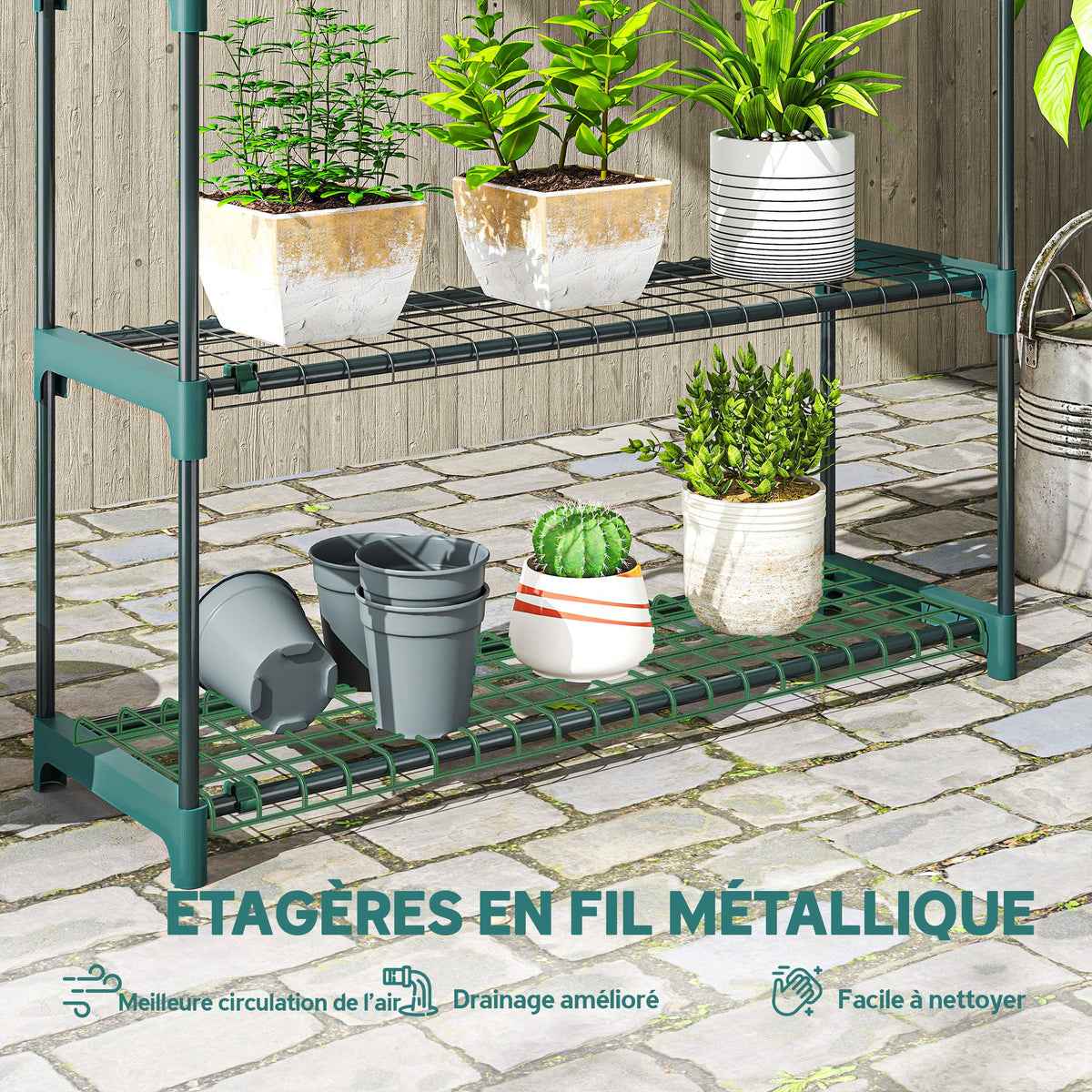 2er-Set Pflanzenregale mit 4 Ebenen für Innen und Außen, Metallhalter für Pflanzen, 90 x 28 x 104 cm, Grün