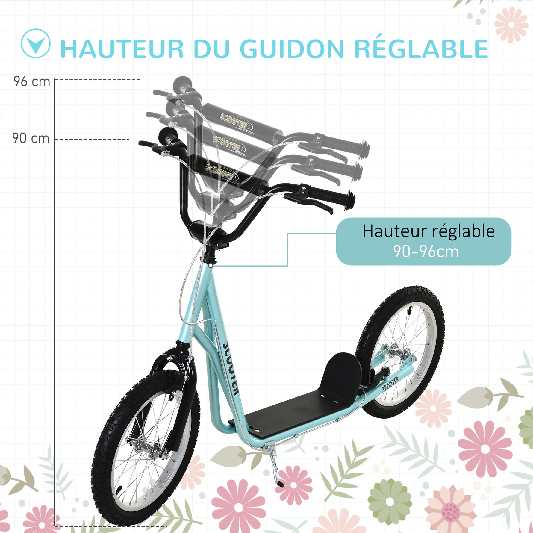 Trottinette patinette pour Enfants à partir de 5 Ans Grands pneus en Caoutchouc Guidon réglable poignée Frein et béquille Acier Charge max. 100 Kg Bleu
