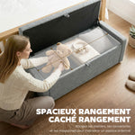 Banc de rangement, bout de lit, repose-pieds rembourré en lin avec assise large, 122 x 48 x 44 cm, gris clair