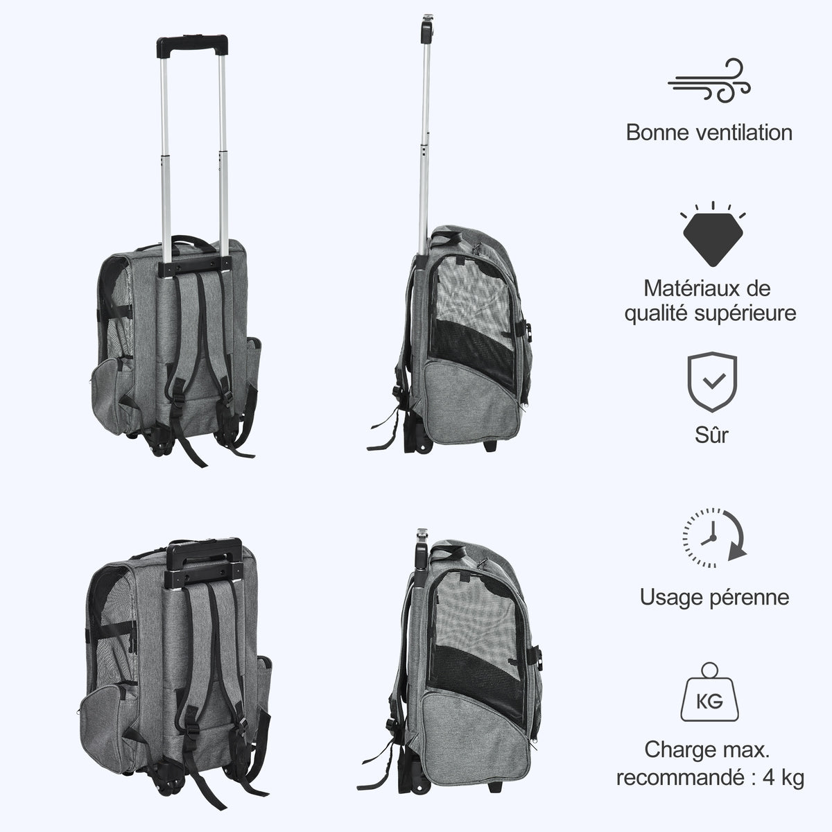 Sac de transport à roulettes pour chien 2 en 1 trolley chariot sac à dos pour chien chat avec poignée téléscopique, sacs de rangement, aérations, attache de sécurité, 42 x 25 x 55 cm, gris