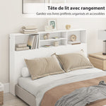 Tête de lit sur pied avec rangements, accessoire de lit 4 compartiments ouverts, 160 x 20,2 x 108,2 cm, blanc