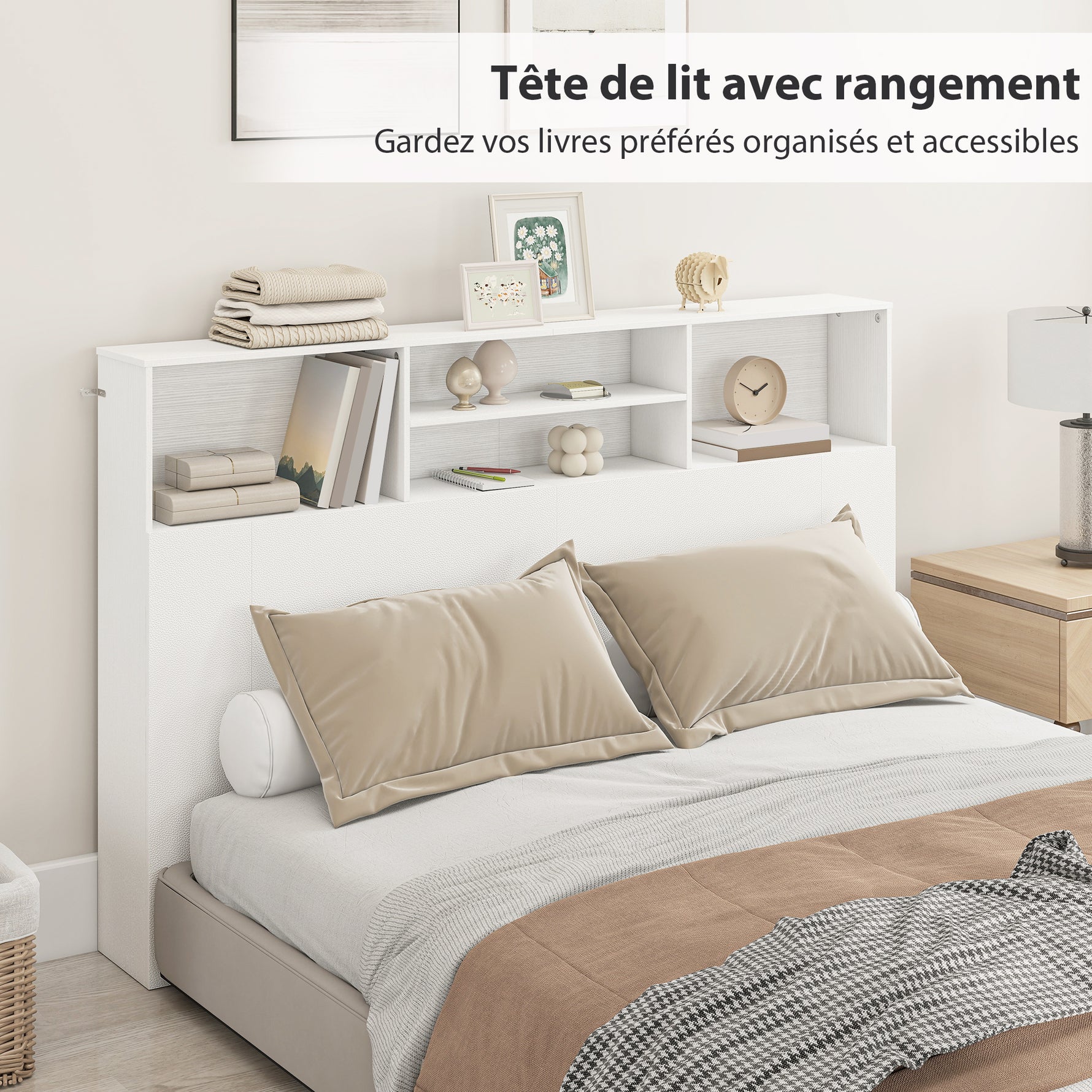 Tête de lit sur pied avec rangements, accessoire de lit 4 compartiments ouverts, 160 x 20,2 x 108,2 cm, blanc