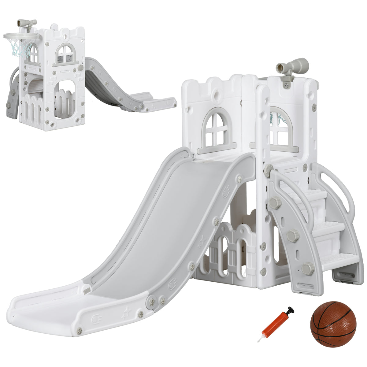 Toboggan pour enfants 5 en 1 avec panier de basket escalade télescope espace de rangement 70 x 177 x 92 cm gris
