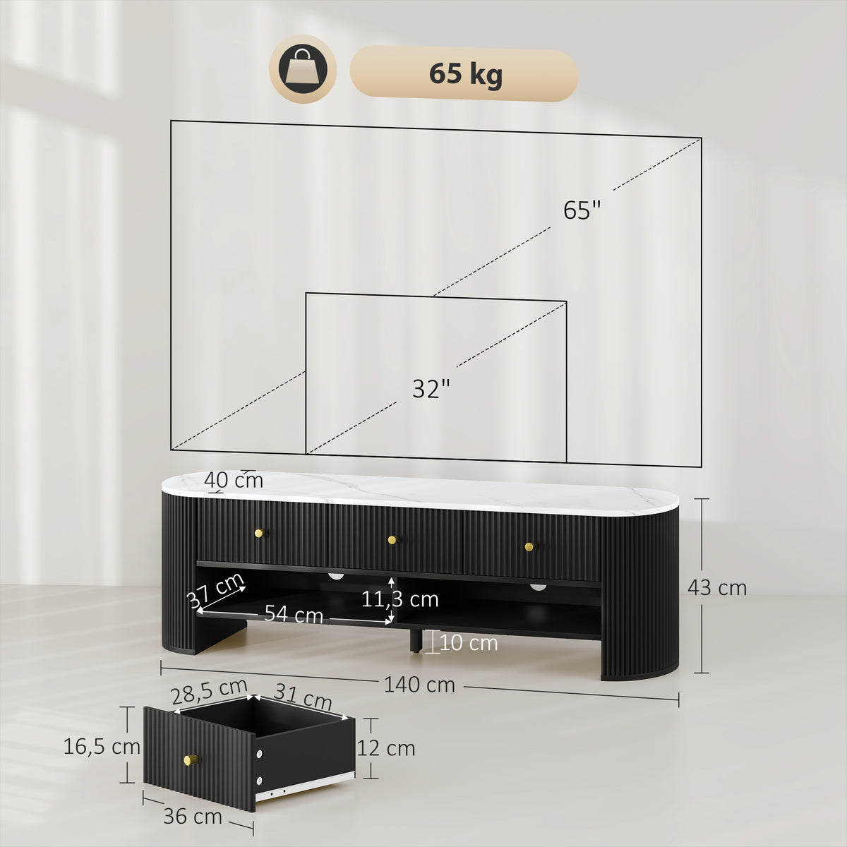 Meuble TV 140 cm, meuble télé pour téléviseur 65 pouces effet marbre avec 3 tiroirs façades à cannelures 2 étagères noir