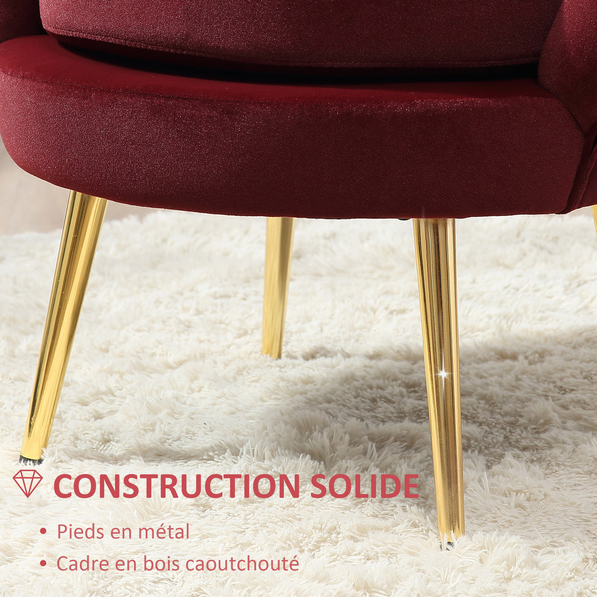 Fauteuil salon fauteuil en velours fauteuil coquillage avec pieds en métal doré pour chambre à coucher, rouge