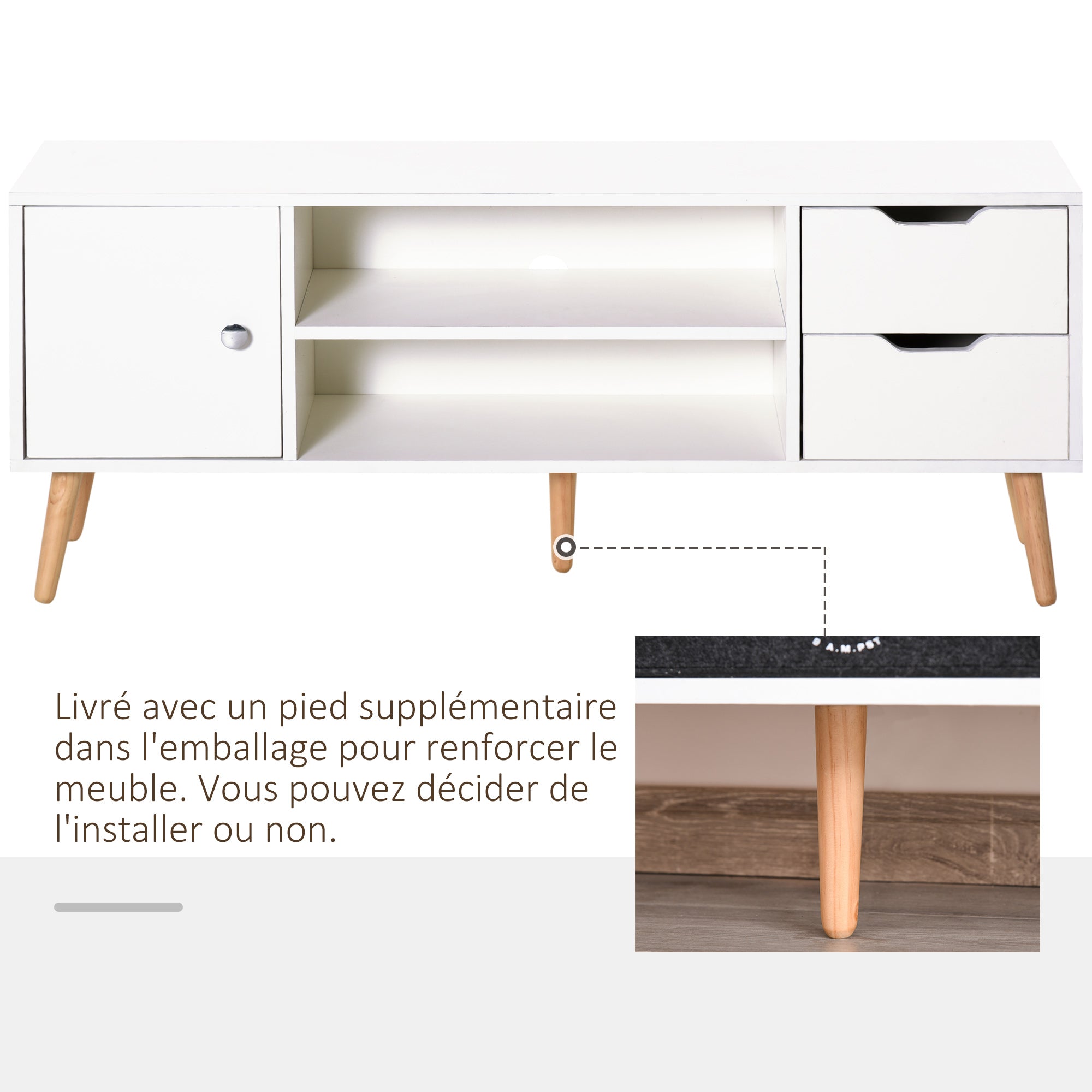 Scandinavian Style TV Stand TV Bench Cupboard 2 niches 2 drawers Cable management Particle board White Pine wood