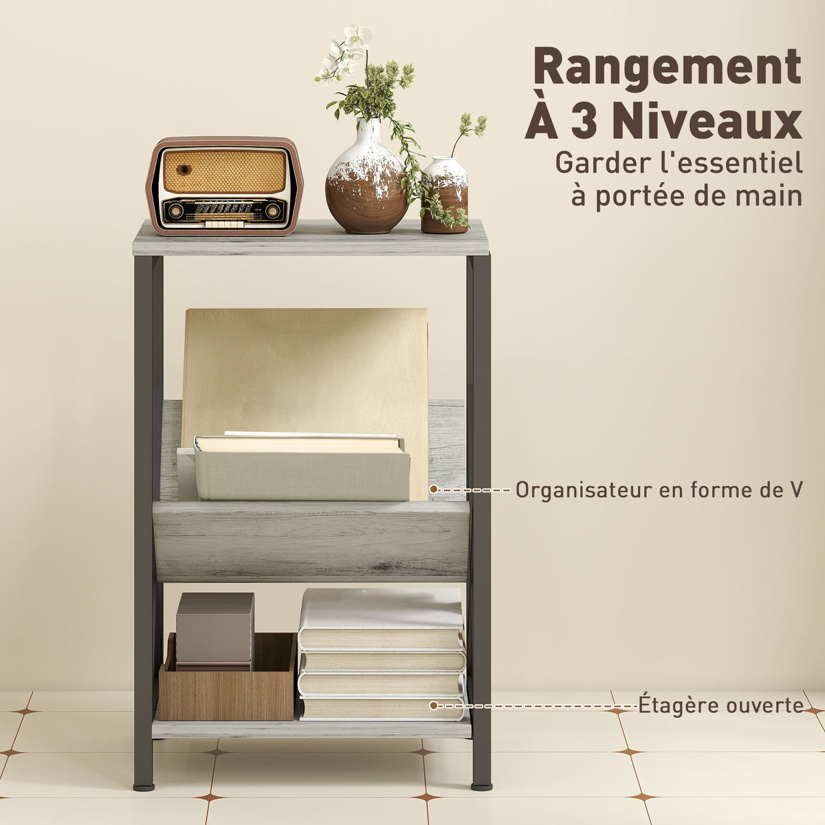 Table d'appoint étroite, bout de canapé rangement à 3 niveaux, porte-revues en V, cadre en acier, 40x30x61cm, gris foncé