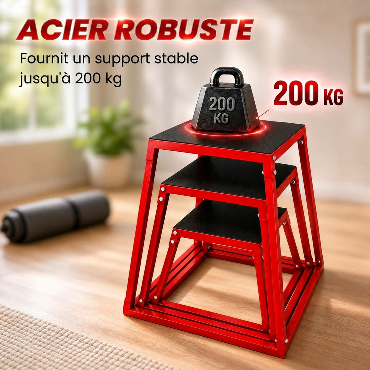 Boîte Entraînement Pliométrique Trapézoïdale en Acier, 3 Plateformes de Saut Antidérapantes 30,5/45,8/61 cm, Rouge
