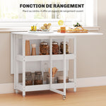 Table à manger pliante sur roulettes 4 personnes avec compartiments ouverts, pour petits espaces, salle à manger, blanc