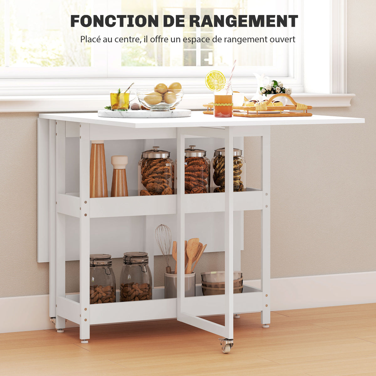 Table à manger pliante sur roulettes 4 personnes avec compartiments ouverts, pour petits espaces, salle à manger, blanc