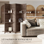 Paravent intérieur en bois 4 panneaux 160 x 170 cm, séparateur de pièce pliable avec 3 étagères, noyer
