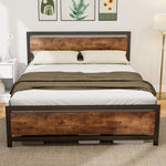 Cadre de lit double 200 x 160 cm en acier avec sommier et tête de lit compatible matelas aspect bois foncé