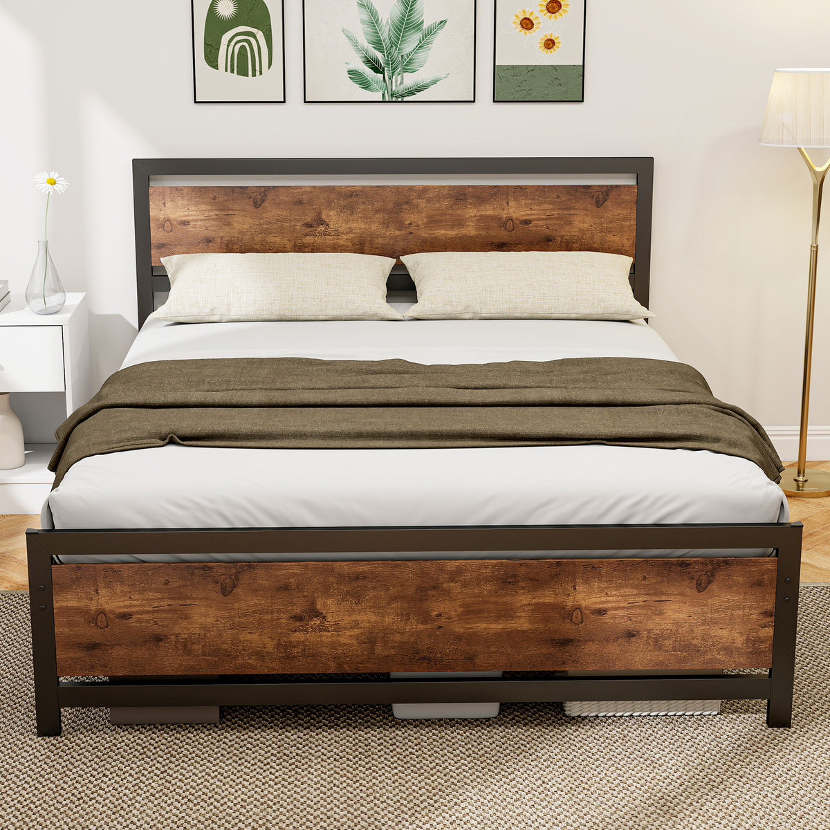 Cadre de lit double 200 x 160 cm en acier avec sommier et tête de lit compatible matelas aspect bois foncé