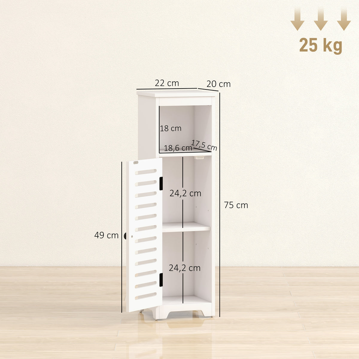 Meuble salle de bain, armoire salle de bain 4 niveaux  porte persienne, étagère ouvert, 22x20x75cm, blanc