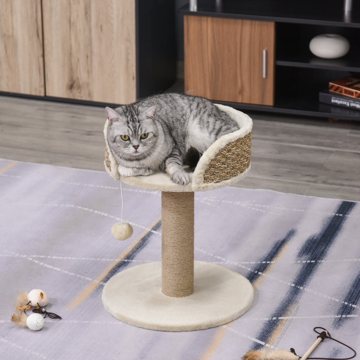 Cat tree climbing tree scratching post design toy hanging pom-pom + plush platform 40 x 40 x 49 cm beige sisal