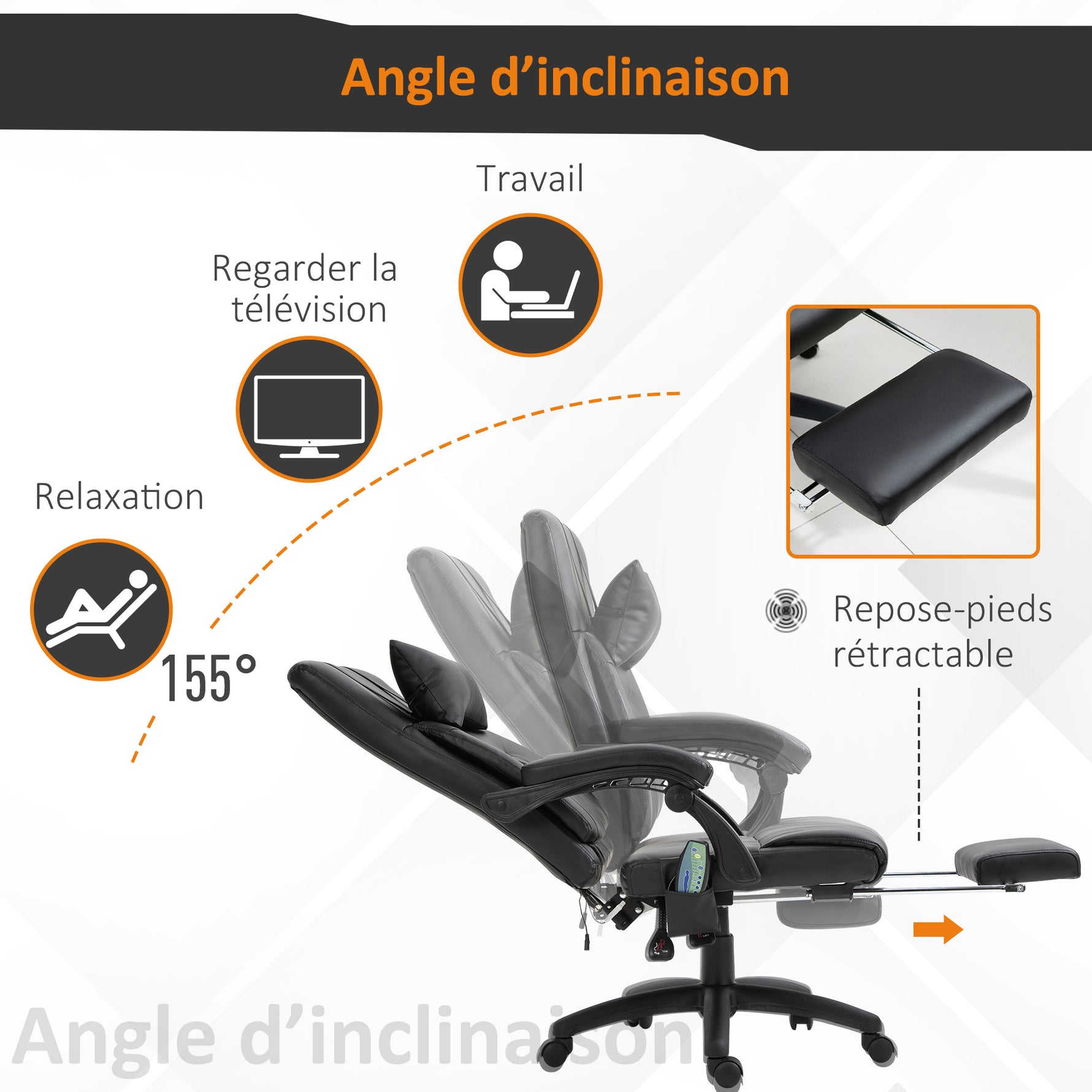 Fauteuil de bureau manager massant repose-pied + tétière intégrés dossier inclinable hauteur réglable 68 x 79 x 104-112 cm noir