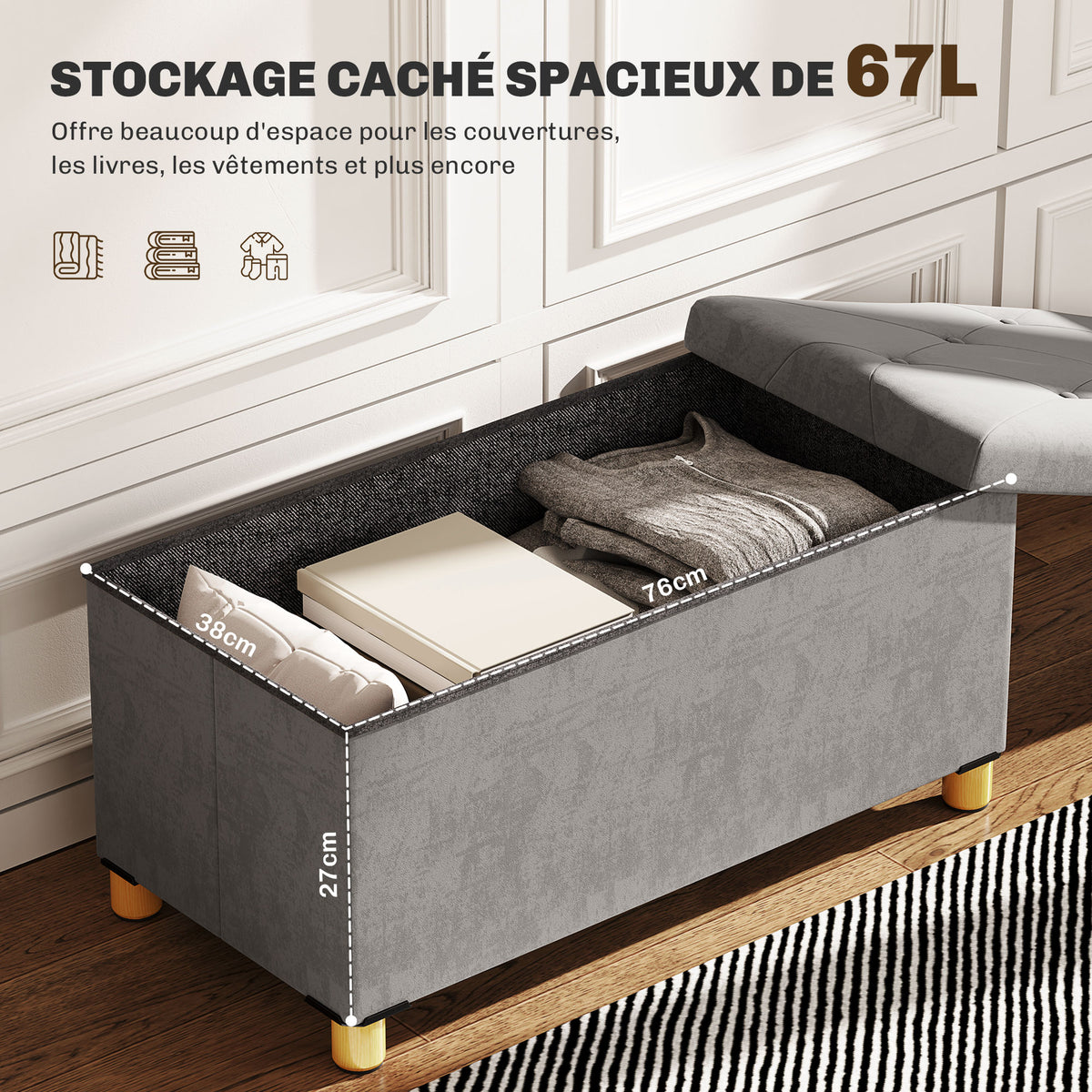 Opvouwbare opbergbank voor aan het voeteneind van het bed, inhoud 67 L, draagvermogen 120 kg, met deksel, 76L x 38B x 38H cm, grijs