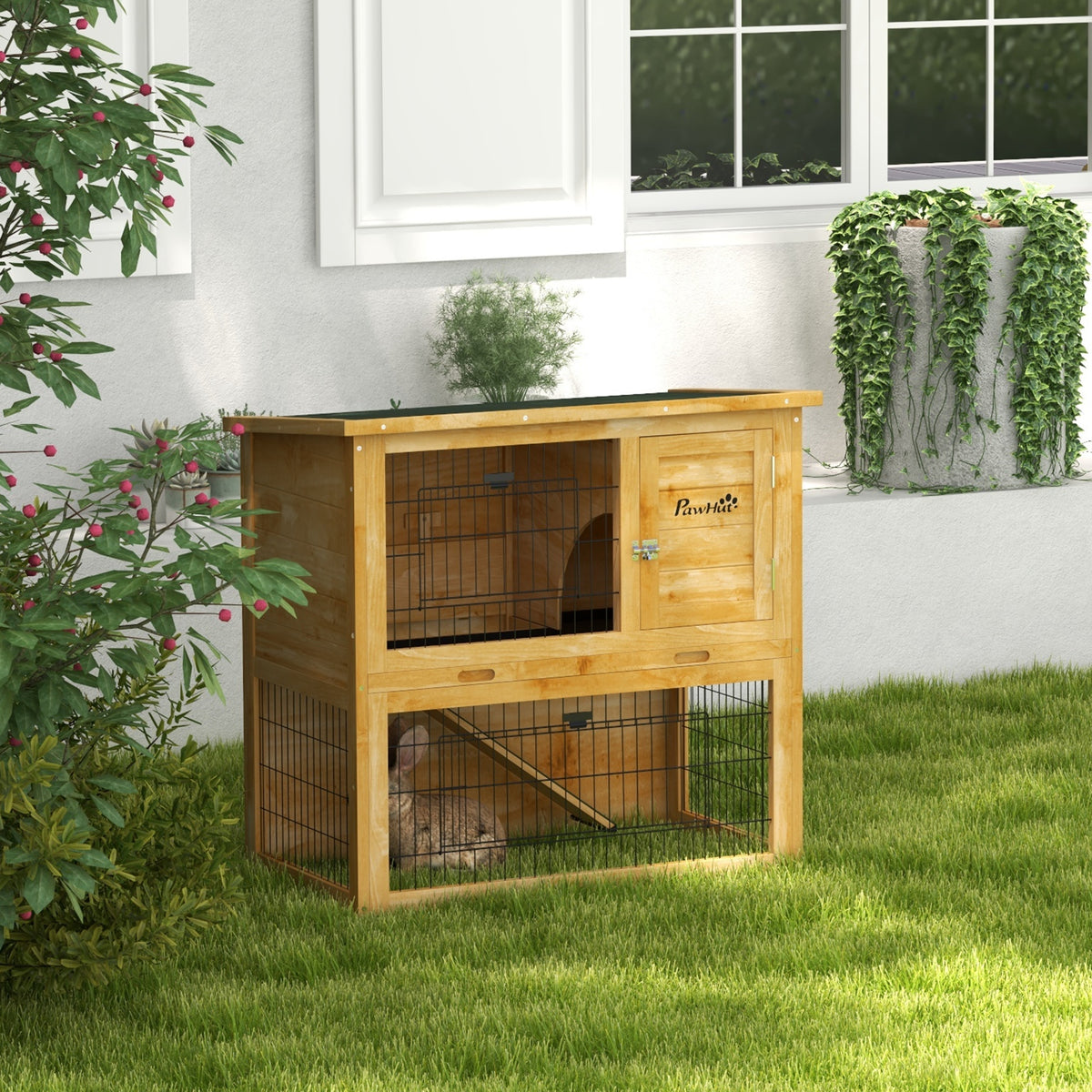 Clapier à lapin en bois 2 étages avec 3 portes plateau coulissant rampe toit bitumé 85 x 50 x 80 cm jaune