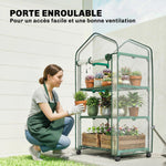 Mini serre de jardin avec 3 étagères, bâche PVC haute densité, porte enroulable 4 roulettes 69 x 49 x 130 cm transparent