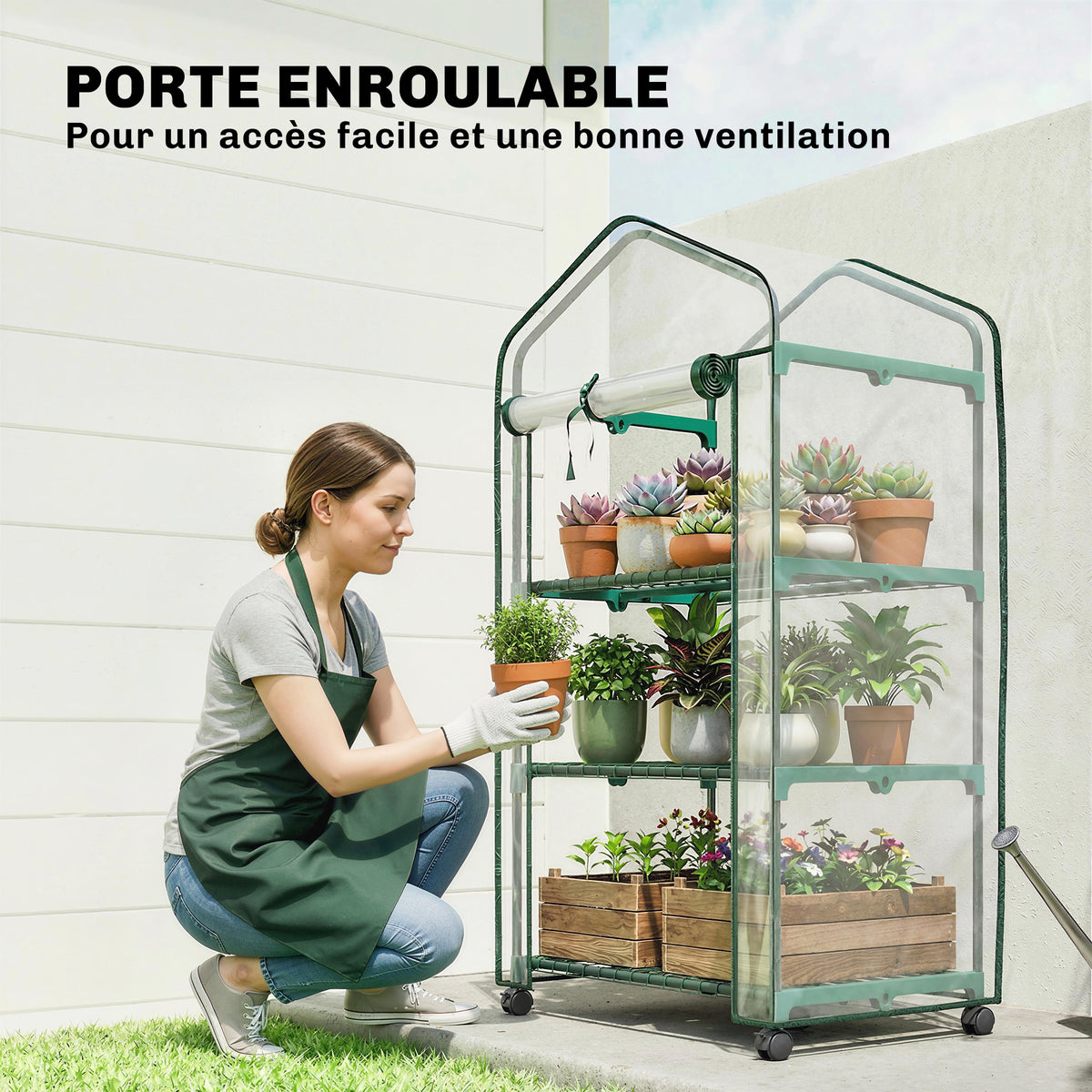 Mini serre de jardin avec 3 étagères, bâche PVC haute densité, porte enroulable 4 roulettes 69 x 49 x 130 cm transparent
