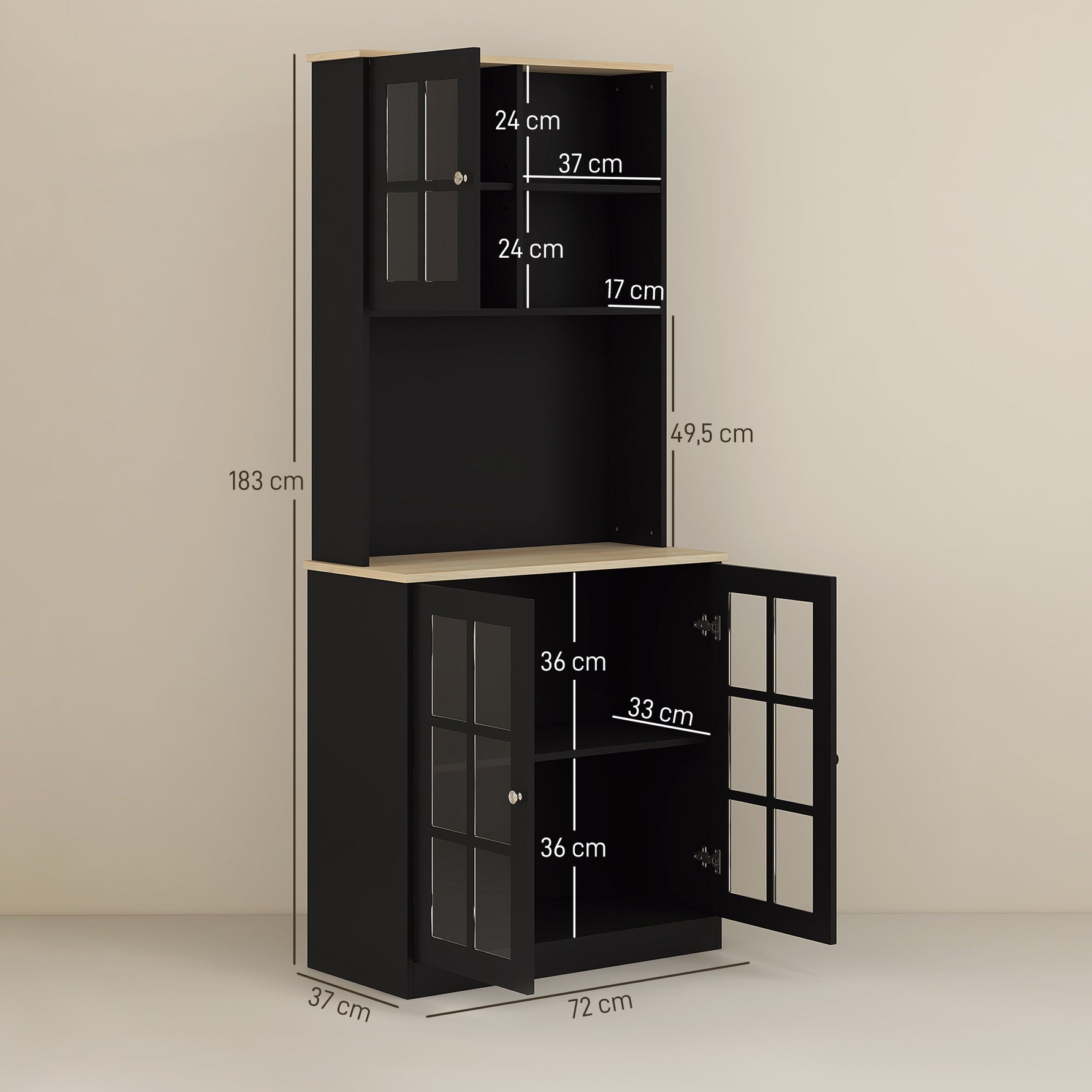 Buffet cuisine, meuble cuisine rangement haut, meuble de rangement avec plan de travail, 3 portes vitrées, 2
