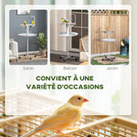 Mangeoire à oiseaux sur pied avec 4 roulettes perchoir 2 bols amovibles plateau rond acier inoxydable Ø 60 x 138H cm blanc
